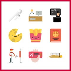 9 board icon. Vector illustration board set. plane ticket and cheese icons for board works
