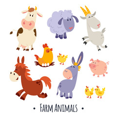 A large set of animals and birds with a farm in a cartoon style. Flat vector illustration isolated on white background. Cow, sheep, goat, chicken, hen, pig, horse, donkey