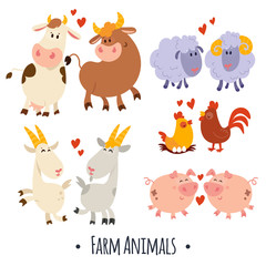 A large set of animals and birds with a farm in a cartoon style. Flat vector illustration isolated on white background. Cow, sheep, goat, chicken, hen, pig, horse, donkey