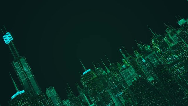 Aircraft flying through holographic cyber city jungle, personal perspective. Loopable background, military technology, scanning
