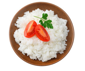 White rice with tomato in brown bowl isolated on white background. top view