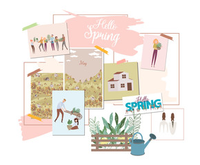 Hello Spring mood board. Editable vector illustration