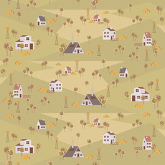 Hello Spring background. Poster with spring landscape and houses in the Scandinavian style. Editable vector illustration