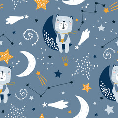 Naadloos kinderachtig patroon met schattige beren op wolken, maan, sterren. Creatieve Scandinavische stijl kinderen textuur voor stof, verpakking, textiel, behang, kleding. vector illustratie