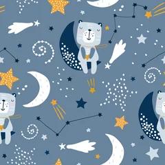 Poster Scandinavische stijl Naadloos kinderachtig patroon met schattige beren op wolken, maan, sterren. Creatieve Scandinavische stijl kinderen textuur voor stof, verpakking, textiel, behang, kleding. vector illustratie
