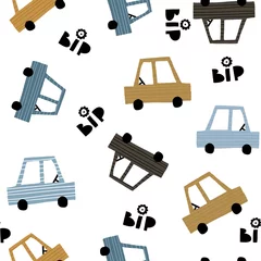 Tapeten Autos Nahtloses kindisches Muster mit Handkarikatur gezeichneten Autos. Kreative Kindertextur für Stoff, Verpackung, Textilien, Tapeten, Bekleidung. Vektor-Illustration