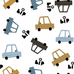 Fotobehang Auto Naadloze kinderachtig patroon met hand cartoon getekende auto& 39 s. Creatieve kindertextuur voor stof, verpakking, textiel, behang, kleding. vector illustratie