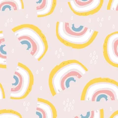 Behang Regenboog Naadloze kinderachtig patroon met hand getrokken regenbogen en druppels,. Creatieve Scandinavische kinderen textuur voor stof, verpakking, textiel, behang, kleding. vector illustratie