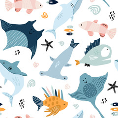 Seamless pattern with creative and colorful fishes . Creative undersea childish texture. Great for fabric, textile Vector Illustration
