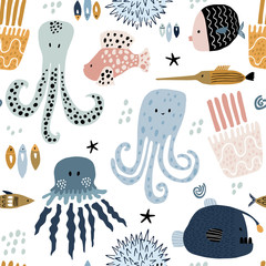 Seamless pattern with creative and colorful fishes, octopus, jellyfish, devil fish,fish hedgehog. Creative undersea childish texture. Great for fabric, textile Vector Illustration