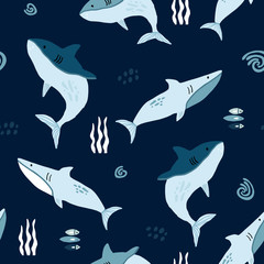 Seamless pattern with creative sharks . Creative undersea childish texture. Great for fabric, textile Vector Illustration
