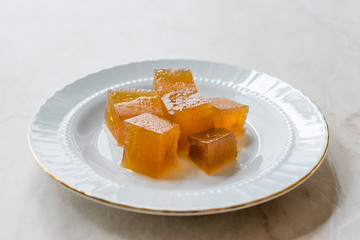 Turkish Crispy Pumpkin Dessert from Hatay / Kirecte Kabak Tatlisi with Walnut Powder.