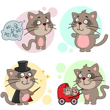 A set of cartoon illustration icons for design and children with cats, a fat and thin cat, a magician and a mom with a stroller and kittens.