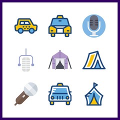 9 stand icon. Vector illustration stand set. tent and microphone icons for stand works