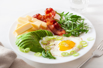 healthy keto breakfast: egg, avocado, cheese, bacon