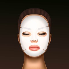 vector illustration of a realistic face of a young beautiful girl with a cosmetic moisturizing facial mask against the black dots