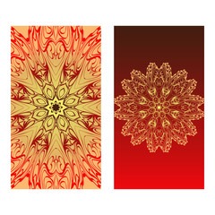 Templates For Greeting And Business Cards. Vector Illustration. Oriental Pattern With. Mandala. Wedding Invitation. Luxury red, sunrise gold color
