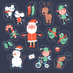 Set of Christmas and New Year stickers with vector elements: dear, Santa, bear, socks, mittens, elf, dog, bird, snowman, cup, card, sweet, hat, white mouse