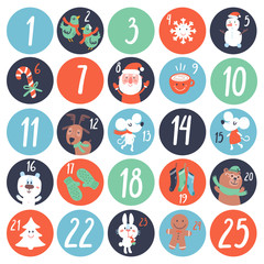 Advent Countdown Calendar with cartoon characters and symbols. Birds, Elf, Santa, gift, card, animals, sweets, dear, mitten, socks. Christmas poster. Winter Holidays Design Elements. 