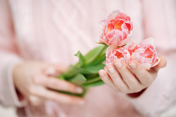 Young woman holding pink tulips on a white background.