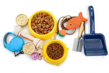 Pet products on white background