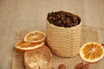 aroma coffee beans with nuts and dry orange isolated