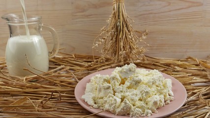 Glass jug with milk and a dish with cottage cheese on a background of straw