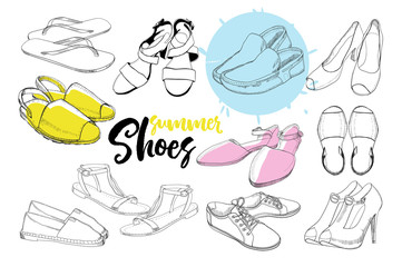 illustration of Set hand drawn graphic women Footwear, shoes for summer. Sport style, gumshoes, moccasins, sneakers, boots, pumps. Doodle, drawing Design isolated object. Active life.