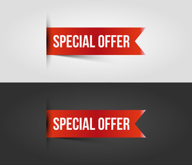 Red special offer banner with shadow on white and dark background. Can be used with any background. Vector illustration.