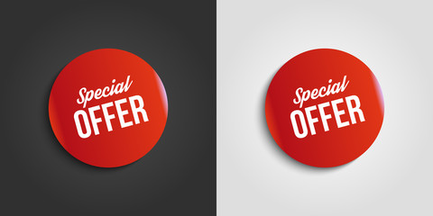 Red special offer banner with shadow on white and dark background. Can be used with any background. Vector illustration.