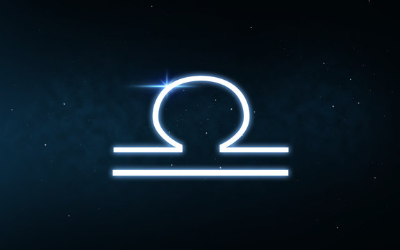 astrology and horoscope - libra sign of zodiac over dark night sky and stars background