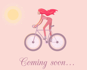 Print girl bike commihg soon cartoon vector illustration