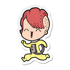 sticker of a cartoon happy hipster girl wearing space suit