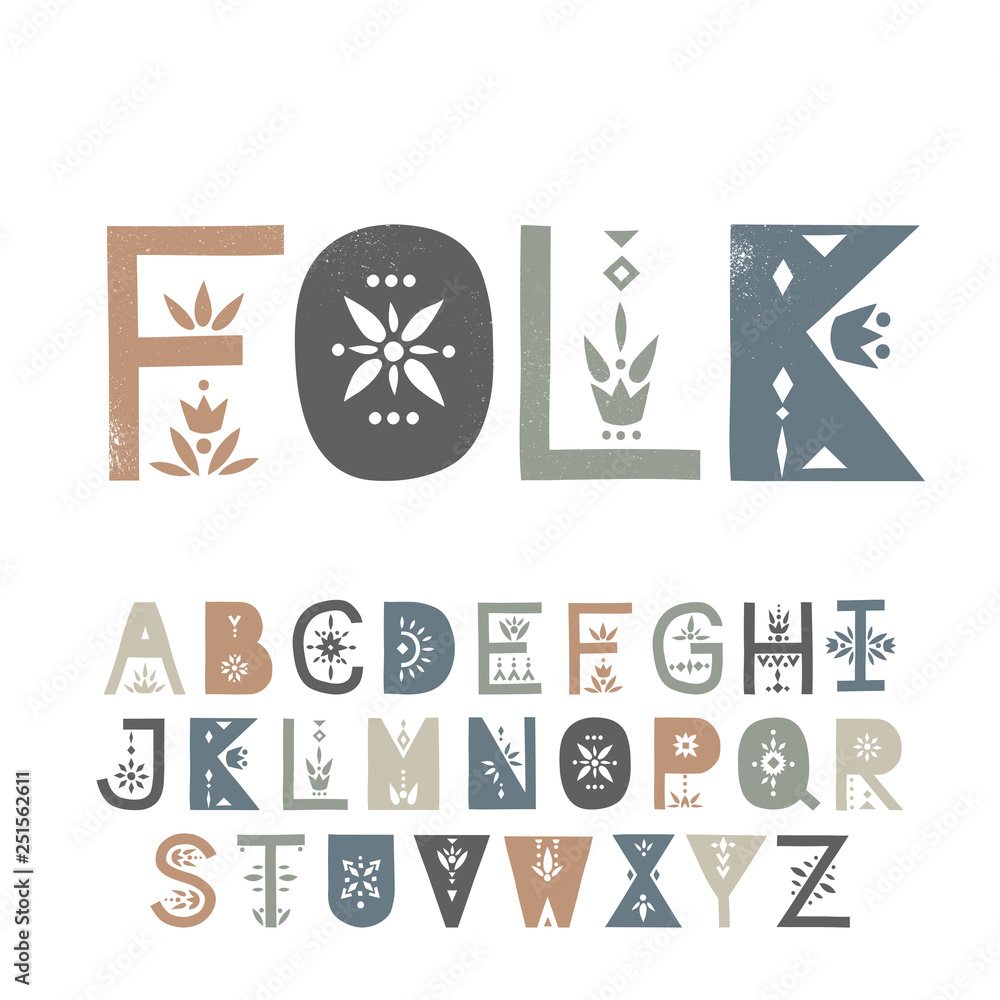 Poster vector display uppercase alphabet decorated with geometric folk patterns