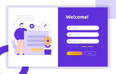 Login UI UX design concept and illustration with big modern people, privacy icons, inputs, forms. Vector website user interface sign in, sign up form template. Online web register.