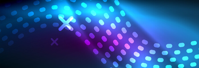 Obraz premium Glowing abstract wave on dark, shiny motion, magic space light. Vector techno abstract background