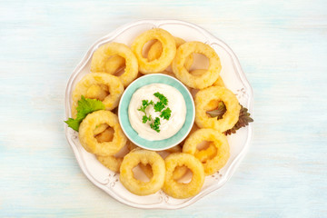 A plate of squid rings, shot from above with a mayo sauce and copy space