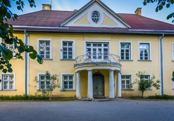The Mercendarbe Manor is one of the most magnificent historic buildings in Baldone. Latvia. Sunny summer day. Fragment.