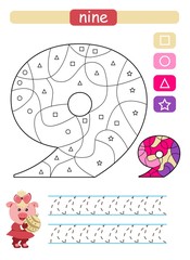 Coloring printable worksheet for kindergarten and preschool. Learning numbers and simple shapes. Nine