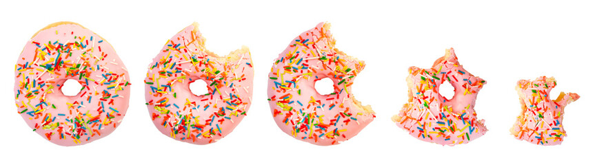 Five stages of donut biting on white background