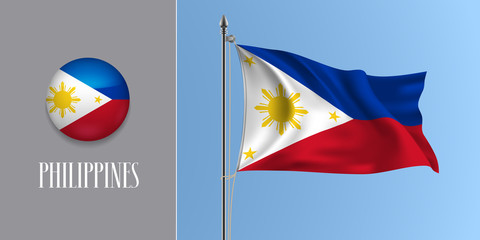 Philippines waving flag on flagpole and round icon vector illustration