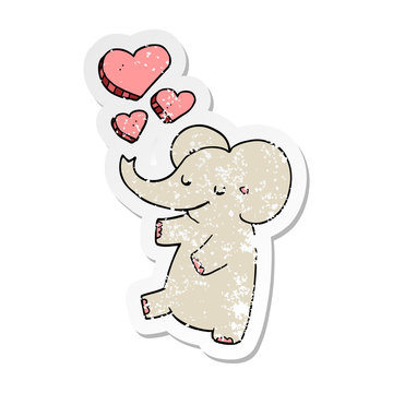 distressed sticker of a cartoon elephant with love hearts