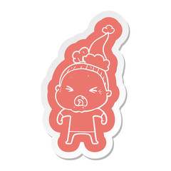 cartoon  sticker of a angry old woman wearing santa hat