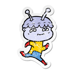distressed sticker of a friendly cartoon spaceman running