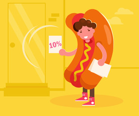 Promoter in a hot dog costume handing out leaflets. Vector. Cartoon. Isolated art