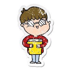 distressed sticker of a cartoon boy wearing spectacles carrying book