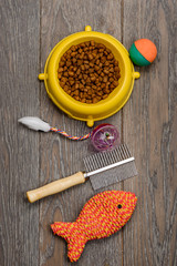 Cat food, brush and toys