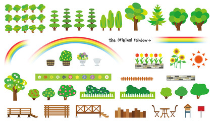 庭木と花のオブジェクト(ウッドフェンスとウッドデッキ).