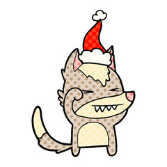 tired wolf comic book style illustration of a wearing santa hat