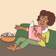 woman reading glossy magazine while eating cookies cartoon
